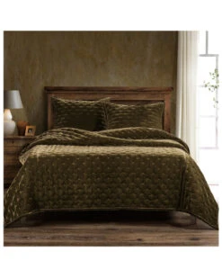 HiEnd Accents Green Stella Faux Silk Velvet 3-Piece Queen Quilt Set
