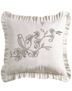 HiEnd Accents Gramercy White Linen Weave Ruffled Pillow With Embroidery Detail