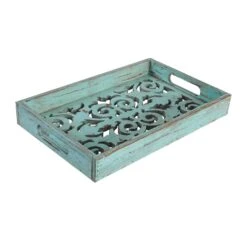 Distressed Wooden Tray W/Scrolls - Turquoise