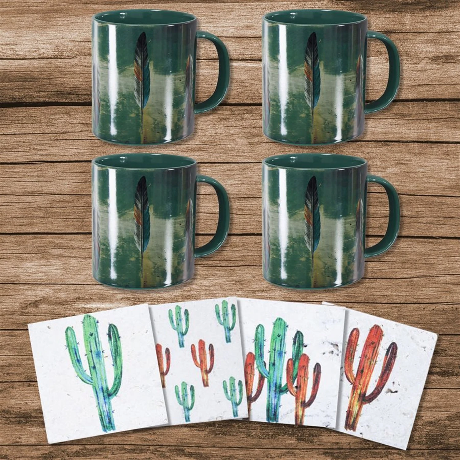Tossed Feather Mug And Cactus Coaster 8-Piece Set 1 Tossed Feather Mug And Cactus Coaster 8-Piece Set