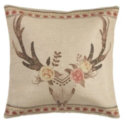 Desert Skull Burlap Throw Pillow W/Flowers