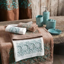 Wyatt Turquoise Scroll 3-Piece Bath Towel Set - Cream -HiEnd Accents TW1762 OS CR 2 lg