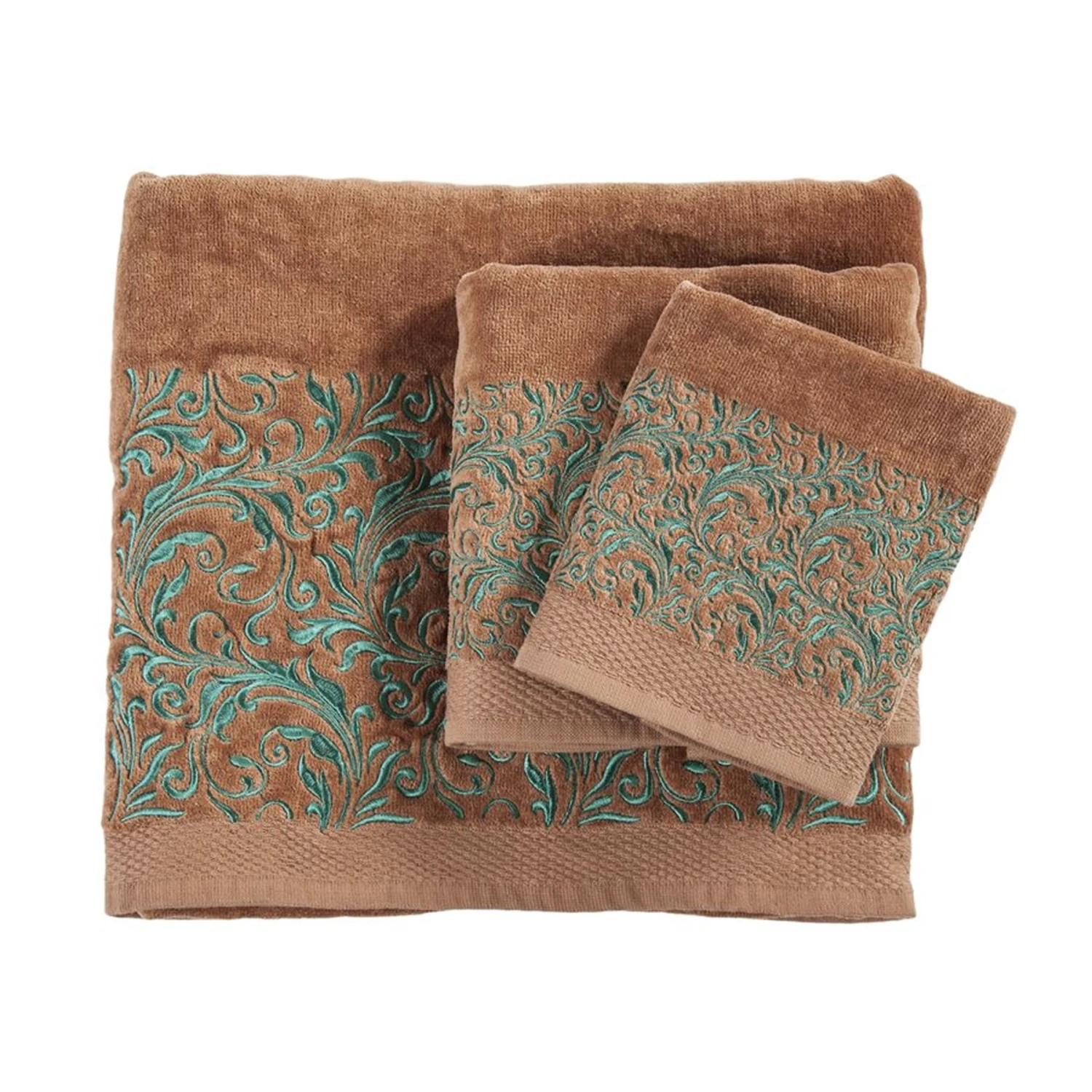 Wyatt Turquoise Scroll 3-Piece Bath Towel Set - Mocha 1 Wyatt Turquoise Scroll 3-Piece Bath Towel Set - Mocha