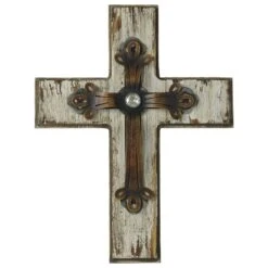 Distressed Wood Cross Wall Decor W/Antique Metal Overlay