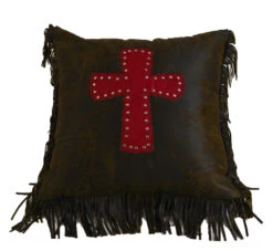 Cheyenne Faux Tooled Leather Pillow W/Cross - Red