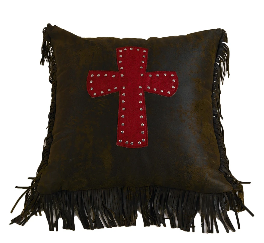 Cheyenne Faux Tooled Leather Pillow W/Cross - Red 1 Cheyenne Faux Tooled Leather Pillow W/Cross - Red