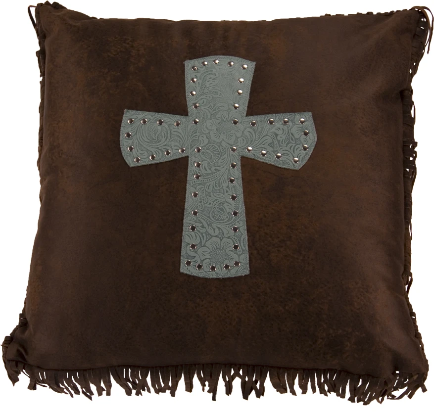 Cheyenne Faux Tooled Leather Pillow W/Cross - Turquoise 1 Cheyenne Faux Tooled Leather Pillow W/Cross - Turquoise