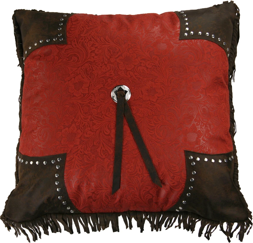 Cheyenne Scalloped Faux Tooled Leather Pillow - Red 1 Cheyenne Scalloped Faux Tooled Leather Pillow - Red